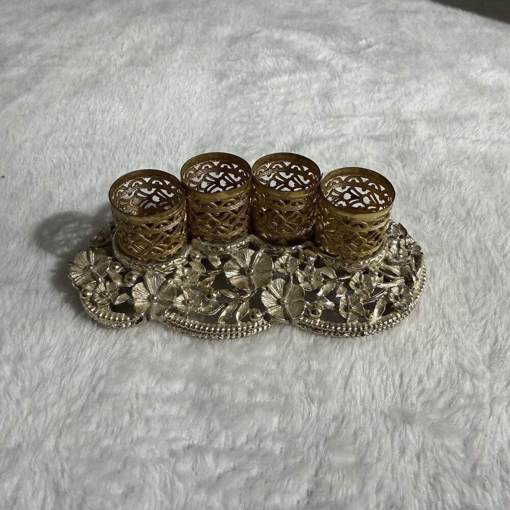 Vtg 70s Gold Tone Lipstick Holder 4 Slots Hollywood Regency Vanity Floral Ornate